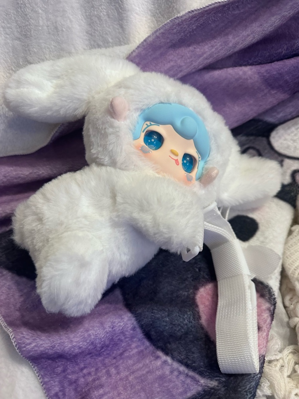 Plush White Bunny Kids Backpack with Blue Character Face